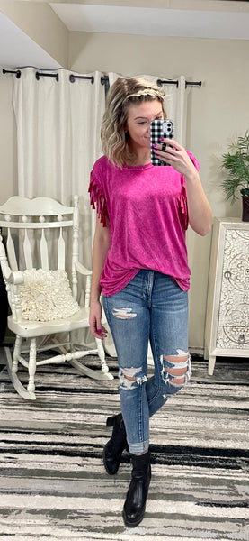 Fuchsia Fever Fringe-Sleeved Top